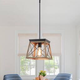 NIVOR 1-Light Rustic Lantern Chandelier Adjustable Cage Wooden Pendant in Brown - thumbnail 1