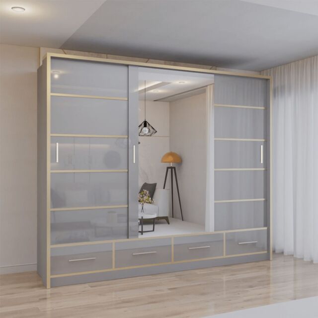 Sliding Wardrobes 4U Modern High Gloss Sliding Wardrobe with LED Light 253cm x 220cm in Grey - Size: 253 cm x 220 cm - image 1
