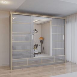 Sliding Wardrobes 4U Modern High Gloss Sliding Wardrobe with LED Light 253cm x 220cm in Grey - Size: 253 cm x 220 cm