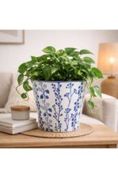 KDMD Hortus White & Blue Perth Floral Pot 21.5cm H x 22cm Dia - thumbnail 3