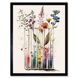 "Artery8 Wall Art Print Wildflowers Rainbow Colour Water Glass Test Tubes Art Framed in Black - Size: W12"" x H16""" - thumbnail 1