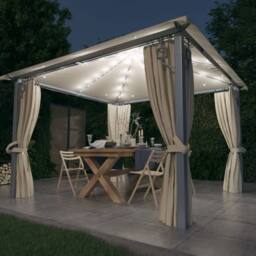 Berkfield Home Gazebo with Curtain&LED String Lights 3x3 m Cream Aluminium in Beige - thumbnail 2
