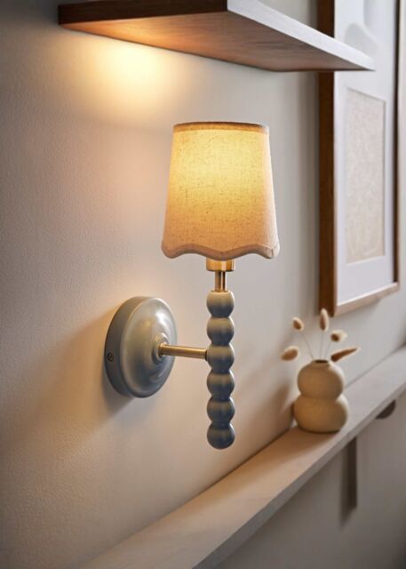 ValueLights Bobbins Pastel Bobble Wall Light & Natural Linen Trim Lamp Shade in Pale Blue - image 1