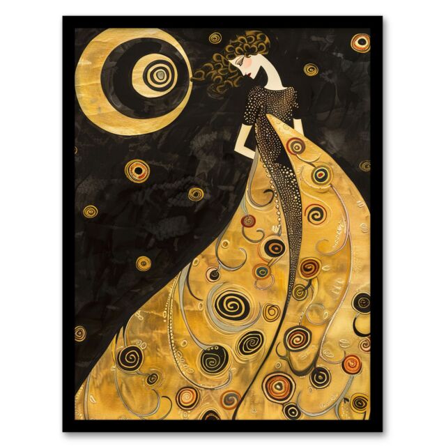 Artery8 Moon Goddess Gold Black Klimt Style Conceptual Art Framed Wall Art - Size: A4 - image 1