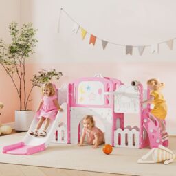 AIYAPLAY 7 in 1 Toddler Slide Set, Frog Theme Playset with Basketball Hoop in Pink - thumbnail 1