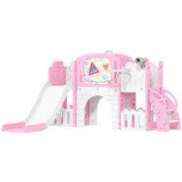 AIYAPLAY 7 in 1 Toddler Slide Set, Frog Theme Playset with Basketball Hoop in Pink - thumbnail 2