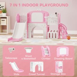 AIYAPLAY 7 in 1 Toddler Slide Set, Frog Theme Playset with Basketball Hoop in Pink - thumbnail 4