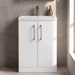 Balterley Bathroom Vanity Basin Unit, Brushed Bronze Handles, 600mm, Gloss White - thumbnail 4