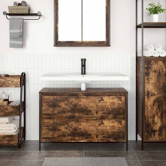 Berkfield Home Decorative Bathroom Basin Cabinet with Drawers Smoked Oak 90x34.5 in Brown - image 1