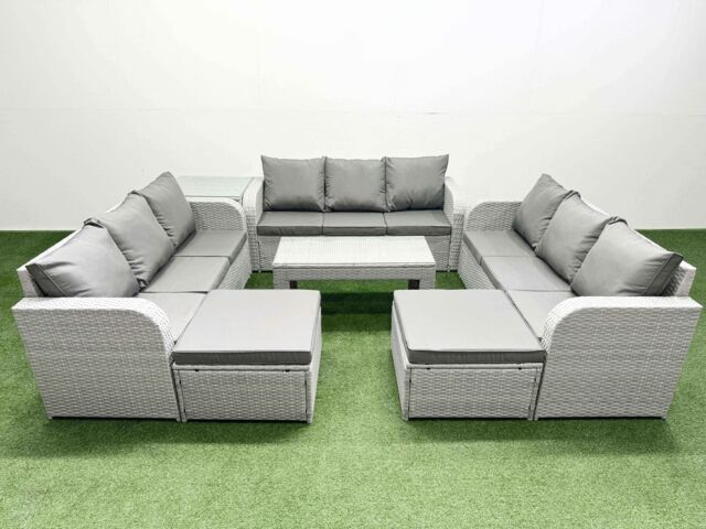 Fimous PE Rattan Lounge Sofa Set 11 Seater Outdoor Garden Furniture Set with Oblong Coffee Table 3 Seater Sofa 2 Big Footstools Side Table Light Grey - image 1