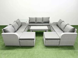 Fimous PE Rattan Lounge Sofa Set 11 Seater Outdoor Garden Furniture Set with Oblong Coffee Table 3 Seater Sofa 2 Big Footstools Side Table Light Grey - thumbnail 1