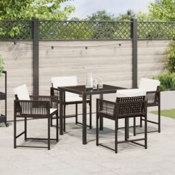 Berkfield Home 5 Piece Garden Dining Set with Cushions Brown Poly Rattan - thumbnail 4