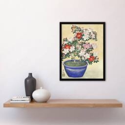 Artery8 Blooming Azalea In Blue Pot Vintage Japan Framed Wall Art Print Koson in Yellow - Size: A4 - thumbnail 4