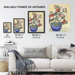 Artery8 Blooming Azalea In Blue Pot Vintage Japan Framed Wall Art Print Koson in Yellow - Size: A4 - thumbnail 3