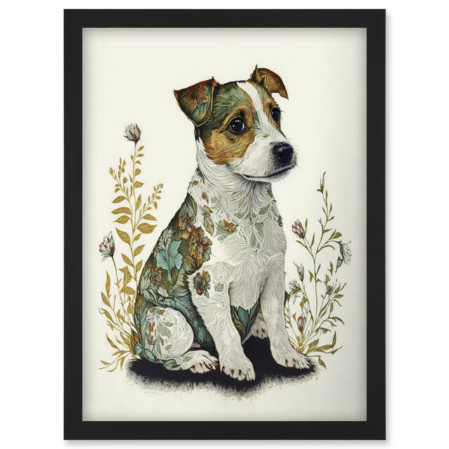 Artery8 Cute Jack Russel Dog Puppy & Flower Patterns Colour Pencil Illustration Artwork Framed Wall Art Print A4 in Black - image 1