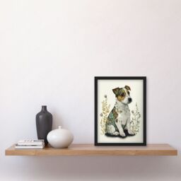 Artery8 Cute Jack Russel Dog Puppy & Flower Patterns Colour Pencil Illustration Artwork Framed Wall Art Print A4 in Black - thumbnail 2