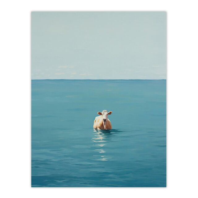 "Wee Blue Coo Wall Art Print Open Water Swimming Cow Bath Oil Painting Blue Tan Poster - Size: W24"" x H32""" - image 1