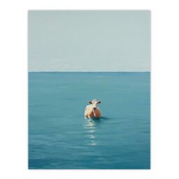 "Wee Blue Coo Wall Art Print Open Water Swimming Cow Bath Oil Painting Blue Tan Poster - Size: W24"" x H32""" - thumbnail 1