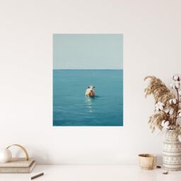 "Wee Blue Coo Wall Art Print Open Water Swimming Cow Bath Oil Painting Blue Tan Poster - Size: W24"" x H32""" - thumbnail 4