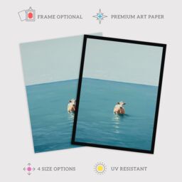 "Wee Blue Coo Wall Art Print Open Water Swimming Cow Bath Oil Painting Blue Tan Poster - Size: W24"" x H32""" - thumbnail 2
