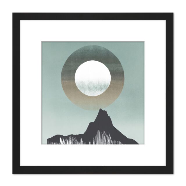Artery8 Abstract Boho Bohemian Moon Above Mountain Silhouette Grey Green Pastel Painting Square Wooden Framed Wall Art Print Picture 8X8 Inch in Black - image 1
