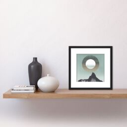 Artery8 Abstract Boho Bohemian Moon Above Mountain Silhouette Grey Green Pastel Painting Square Wooden Framed Wall Art Print Picture 8X8 Inch in Black - thumbnail 2