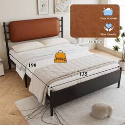 BTM Metal Bed with PU Upholstered Headboard, Black Iron Frame - Size: Double - thumbnail 4