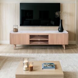 IH Design Bundi Natural Marble & Wood Large Tv Cabinet in Brown