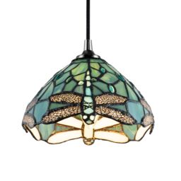 Happy Homewares Dragonfly Themed Stained Glass Tiffany Pendant Lighting Shade with Beads in Emerald - thumbnail 4