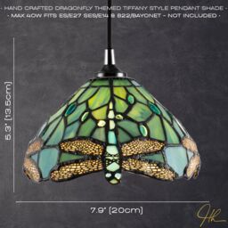 Happy Homewares Dragonfly Themed Stained Glass Tiffany Pendant Lighting Shade with Beads in Emerald - thumbnail 6