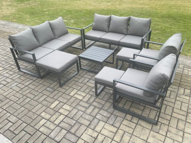 Fimous Aluminium Outdoor Garden Furniture Set Patio Lounge Sofa with Square Coffee Table 2 Armchairs 3 Footstools Dark Grey - image 1