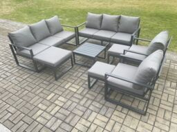 Fimous Aluminium Outdoor Garden Furniture Set Patio Lounge Sofa with Square Coffee Table 2 Armchairs 3 Footstools Dark Grey - thumbnail 1