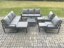 Fimous Aluminium Outdoor Garden Furniture Set Patio Lounge Sofa with Square Coffee Table 2 Armchairs 3 Footstools Dark Grey - thumbnail 2