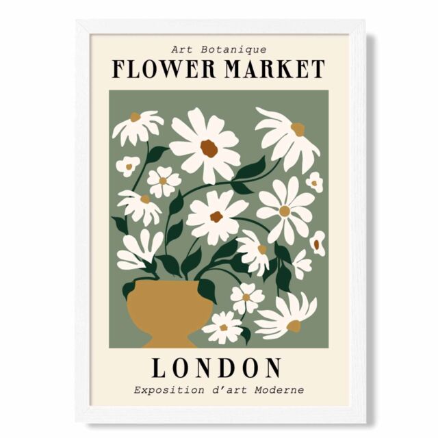 ARTZE London Green & White Flower Market Exhibition Framed Print SIZE: A4 with White Frame in Beige - image 1