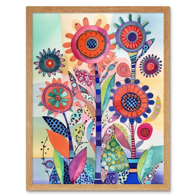 "Artery8 Wall Art Print Large Flower Blooms With Embroidery Style Patterns Folk Art Watercolour Painting Art Framed in Light Oak - Size: W12"" x H16""" - image 1