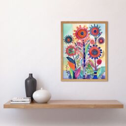 "Artery8 Wall Art Print Large Flower Blooms With Embroidery Style Patterns Folk Art Watercolour Painting Art Framed in Light Oak - Size: W12"" x H16""" - thumbnail 2