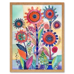 "Artery8 Wall Art Print Large Flower Blooms With Embroidery Style Patterns Folk Art Watercolour Painting Art Framed in Light Oak - Size: W12"" x H16""" - thumbnail 1
