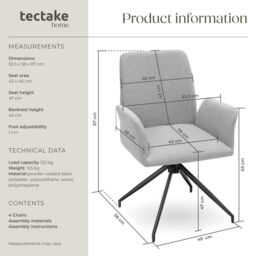 tectake Swivel Chair Daya Set Of 4 - Light Grey - Size: 4 Pack - thumbnail 6