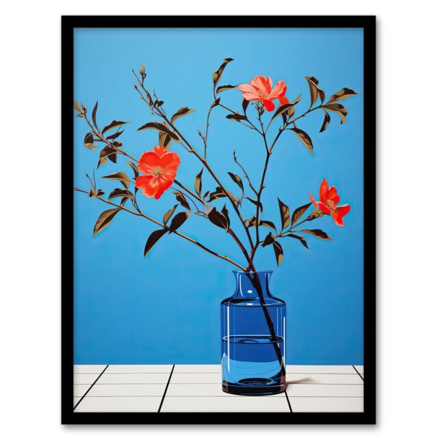 Wee Blue Coo Wall Art Print Elegant Simplicity Red Flowers Blue Vase Living Room Framed - Size: A4 - image 1
