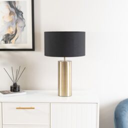ValueLights Lexy Fabric Drum Shade with Antique Brass Dimmable Touch Table Lamp in Black - thumbnail 5