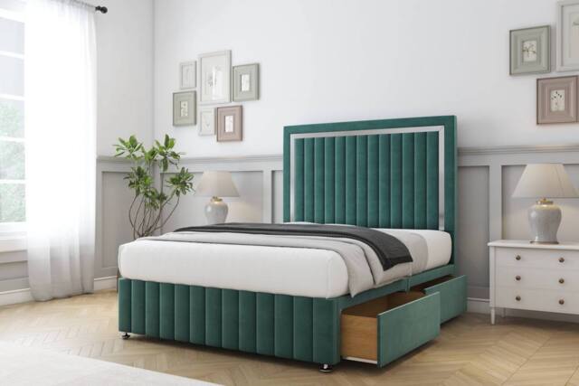 "Sloomy Boston Chrome Plush Divan Set 2 Drawers-54"" Headboard-Footboard in Emerald - Size: Double" - image 1