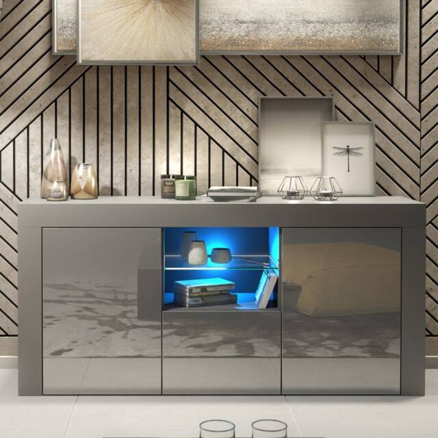 Creative Furniture Aurora Sideboard 145cm - Dark Grey with Gloss Doors & LED Lights - image 1