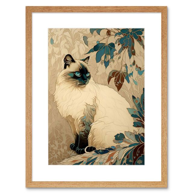 "Artery8 Wall Art Print Blue Point Ragdoll Cat & Plant Pattern Art Nouveau Modern Artwork Framed 9X7 Inch in Beige - Size: W7"" x H9""" - image 1