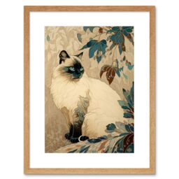 "Artery8 Wall Art Print Blue Point Ragdoll Cat & Plant Pattern Art Nouveau Modern Artwork Framed 9X7 Inch in Beige - Size: W7"" x H9""" - thumbnail 1