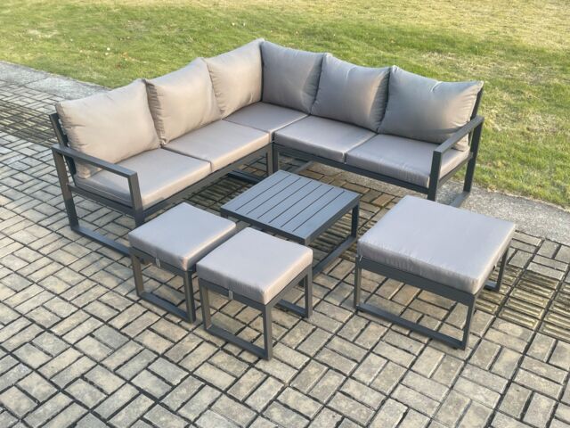 Fimous Outdoor Garden Furniture Set Aluminium Lounge Sofa Square Coffee Table Sets with 3 Footstools Indoor Conservatory Set in Dark Grey