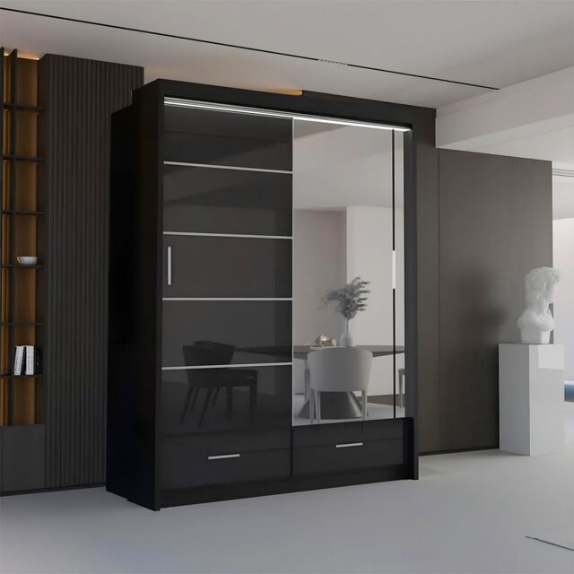 Sliding Wardrobes 4U Luxury High Gloss Sliding Wardrobe with LED Light W150cm x H220cm in Black - image 1