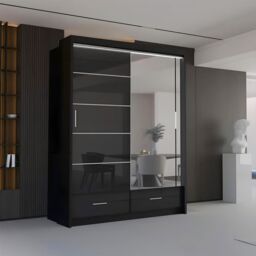 Sliding Wardrobes 4U Luxury High Gloss Sliding Wardrobe with LED Light W150cm x H220cm in Black - thumbnail 1