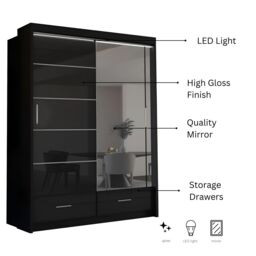 Sliding Wardrobes 4U Luxury High Gloss Sliding Wardrobe with LED Light W150cm x H220cm in Black - thumbnail 3