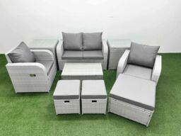 Fimous Light Grey PE Wicker Rattan Garden Furniture Set Sofa Set Reclining Adjustable Chair Rectangular Coffee Table 7 Seater 3 Stools 2 Side Table - thumbnail 2