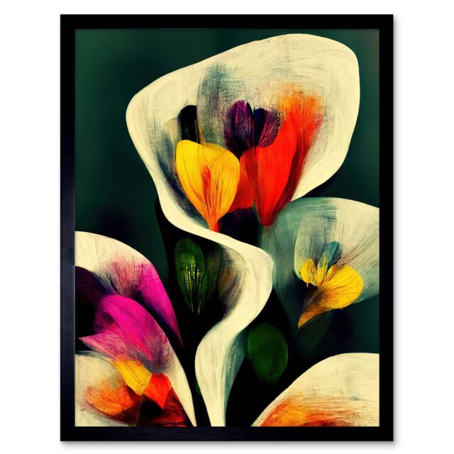 "Artery8 Wall Art Print Autumnal Orange Pink Yellow Purple Abstract Style Floral Painting Art Framed in Black - Size: W12"" x H16""" - image 1